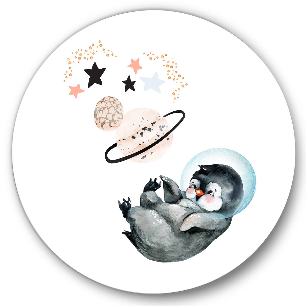 Designart - Little Penguin With Stars and Planets I - Farmhouse Metal Circle Wall Art